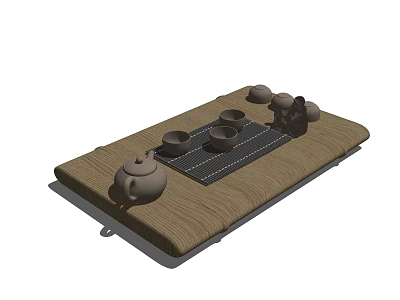 Traditional Tea Set With Teapot And Teacups Arranged On Brown Woven Mat 3d model