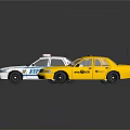 White Police Toy Car With Red Lights And Yellow Taxi Vehicle On Black Surface