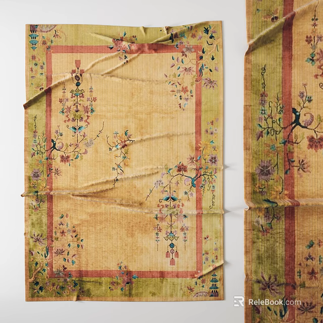 Traditional Square Oriental Rug With Floral Bird Patterns And Beige Green Red Borders 3d model 