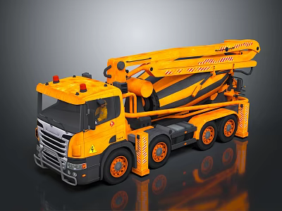 Yellow Concrete Pump Truck With Extended Boom And Truck Cab Structure 3d model