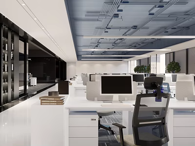 Modern Public Office Space With Open Layout Work Desks Computer Monitors And Exposed Ceiling Ducts 3d model