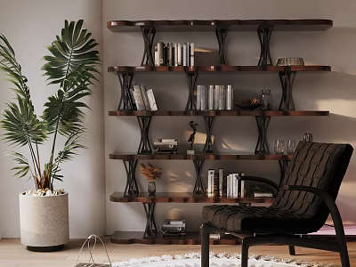 Modern Multi Layered Wooden Metal Shelving Unit with Books Decorative Items and Glassware 3d model