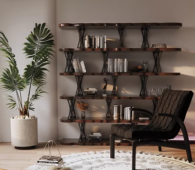 Modern Multi Layered Wooden Metal Shelving Unit with Books Decorative Items and Glassware 3d model