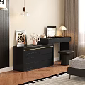Black Vanity Table with Drawers Table Lamp Mirror Vase and Stool in Bedroom