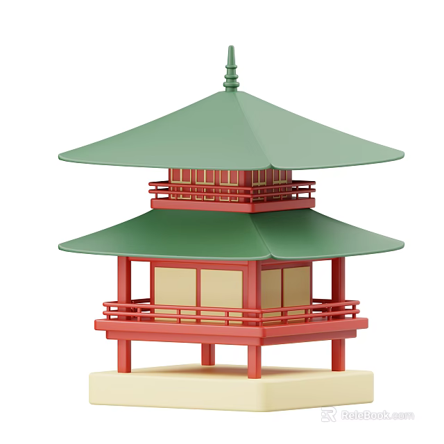 Traditional Two Story Pavilion With Green Roof Red Pillars And Yellow Window Panels 3d model 