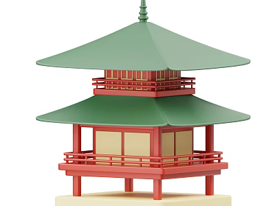 Traditional Two Story Pavilion With Green Roof Red Pillars And Yellow Window Panels 3d model