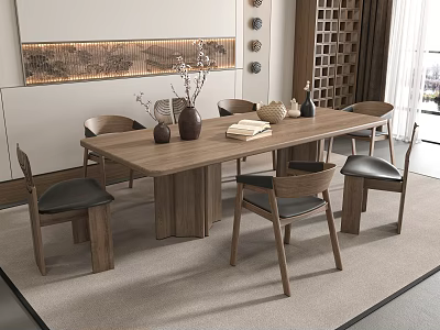 Modern Minimalist Wooden Dining Table Set With Six Chairs Vases Books And Decorative Items 3d model