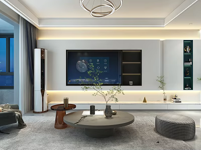 Modern Living And Dining Room Interior With TV Wall Chandelier Potted Plants And Coffee Table 3d model