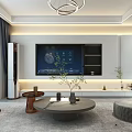 Modern Living And Dining Room Interior With TV Wall Chandelier Potted Plants And Coffee Table