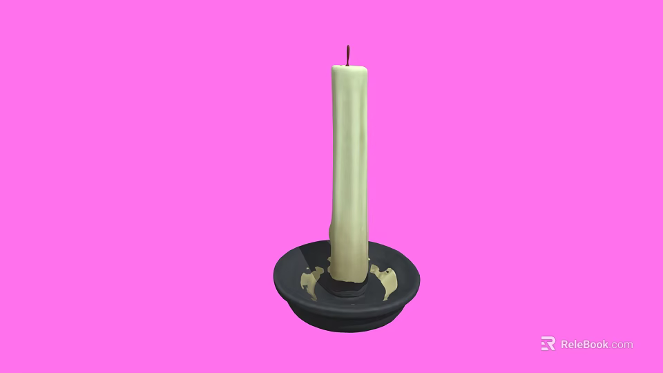 Simple White Candle Placed On Black Decorative Candlestick Against Pink Background 3d model