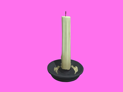 Simple White Candle Placed On Black Decorative Candlestick Against Pink Background 3d model