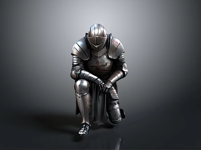Medieval Knight Battle Armor Statue In Silver Metal Squatting Pose 3d model