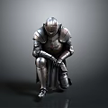 Medieval Knight Battle Armor Statue In Silver Metal Squatting Pose