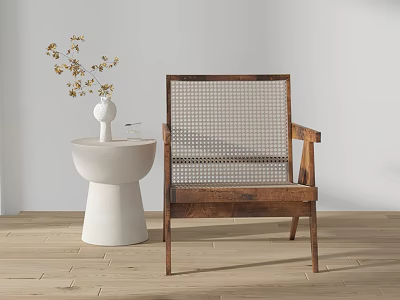Wooden Frame Leisure Chair With Woven Seat Backrest Beside White Side Table Vase Dried Flowers 3d model