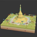 Yellow Pagoda 3D Model with Surrounding Palm Trees Green Base and Blue Spheres