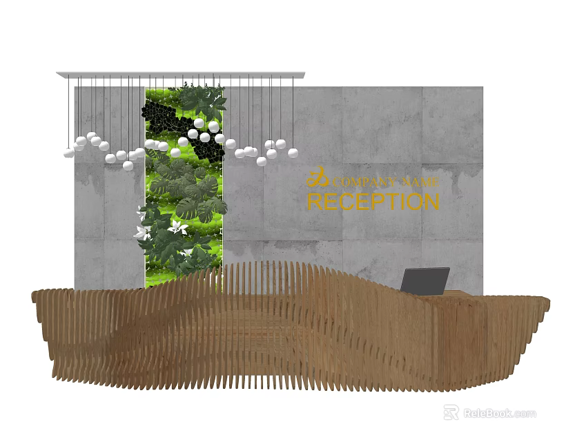 Modern Wooden Wave Reception Desk With Gray Backdrop Wall Green Plant And White Pendant Lights 3d model 