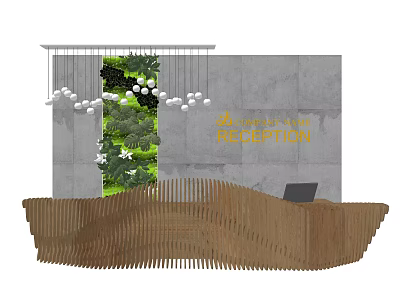 Modern Wooden Wave Reception Desk With Gray Backdrop Wall Green Plant And White Pendant Lights 3d model