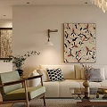 Stylish Living Room Interior With Beige Sofa Decorative Pillows Wall Painting Green Chair And Potted Plant