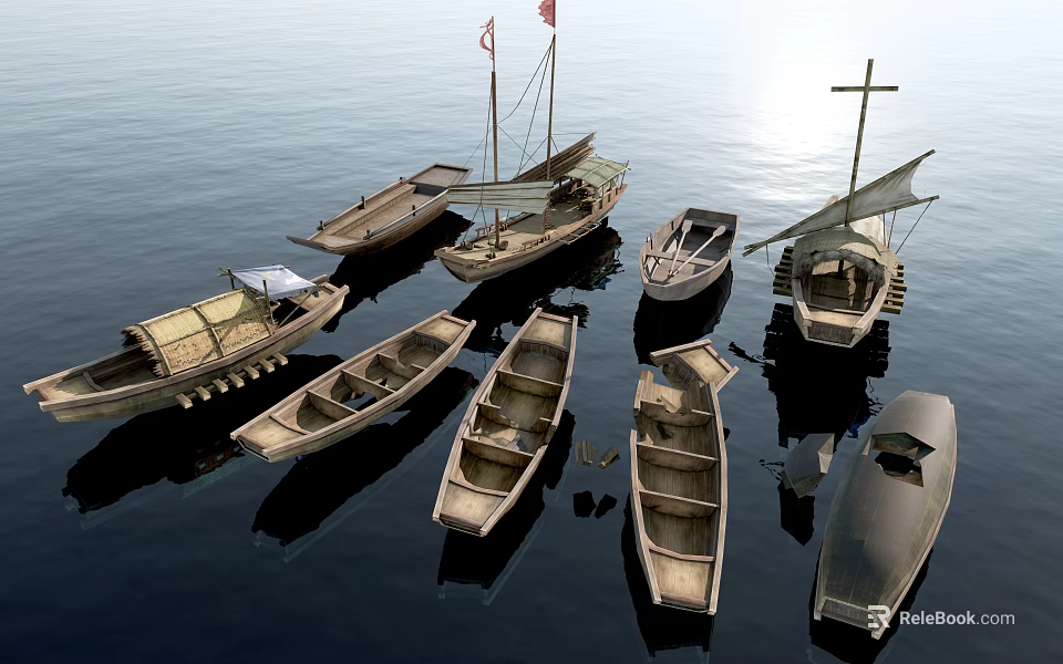 Traditional Wooden Boats Floating On Calm Water With Various Designs And Sailing Elements 3d model 