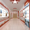 Office Corridor Interior With Red Decorations Wall Displays And Tile Floor