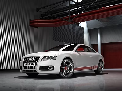 Sleek White Audi Coupe With Red Trim In Modern Industrial Garage Showroom 3d model