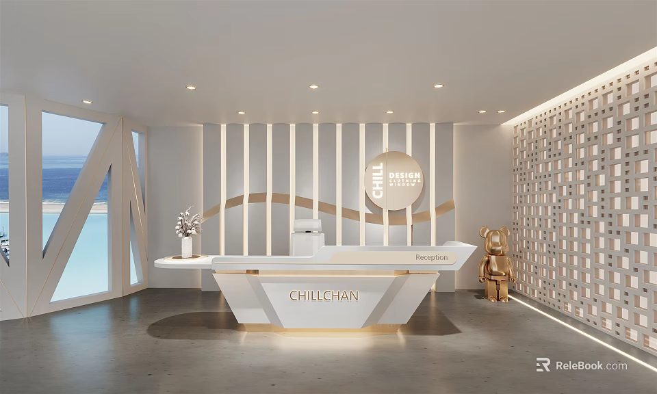 Modern Reception Desk Design With White Counter Hello Sign And Golden Sculpture 3d model 