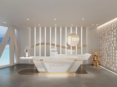 Modern Reception Desk Design With White Counter Hello Sign And Golden Sculpture 3d model