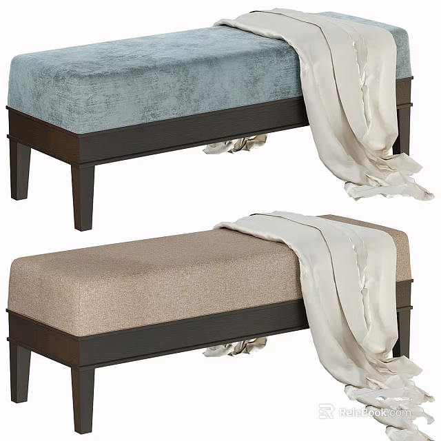 Light Blue and Beige Upholstered Sofa Bench with White Blanket Draped Over Dark Legs 3d model 