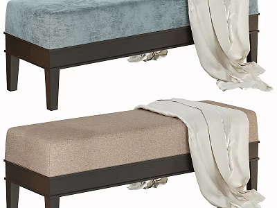 Light Blue and Beige Upholstered Sofa Bench with White Blanket Draped Over Dark Legs 3d model
