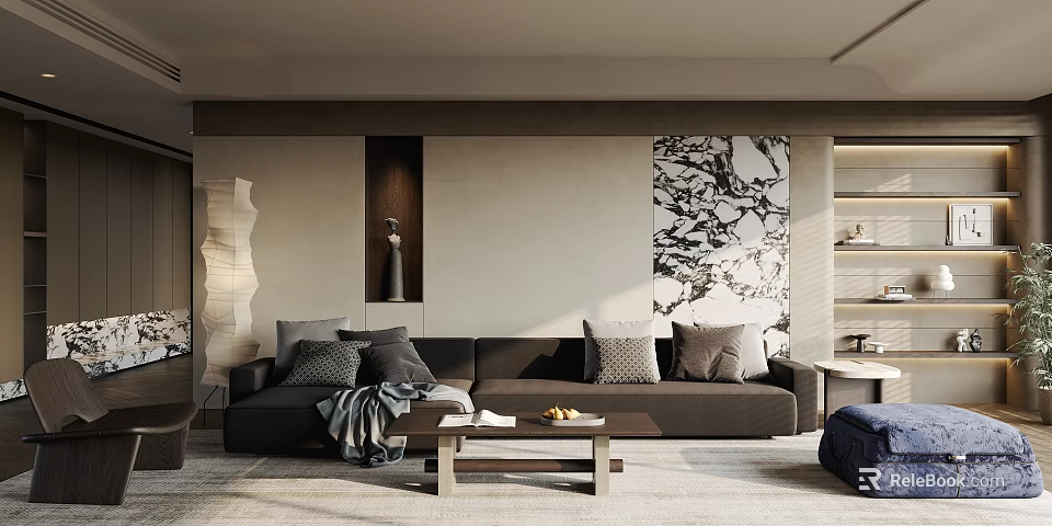 Elegant Modern Living Room Interior With Dark Sofa Throw Pillows Coffee Table And Decorative Painting 3d model 