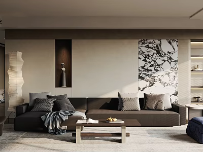 Elegant Modern Living Room Interior With Dark Sofa Throw Pillows Coffee Table And Decorative Painting 3d model