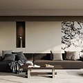 Elegant Modern Living Room Interior With Dark Sofa Throw Pillows Coffee Table And Decorative Painting