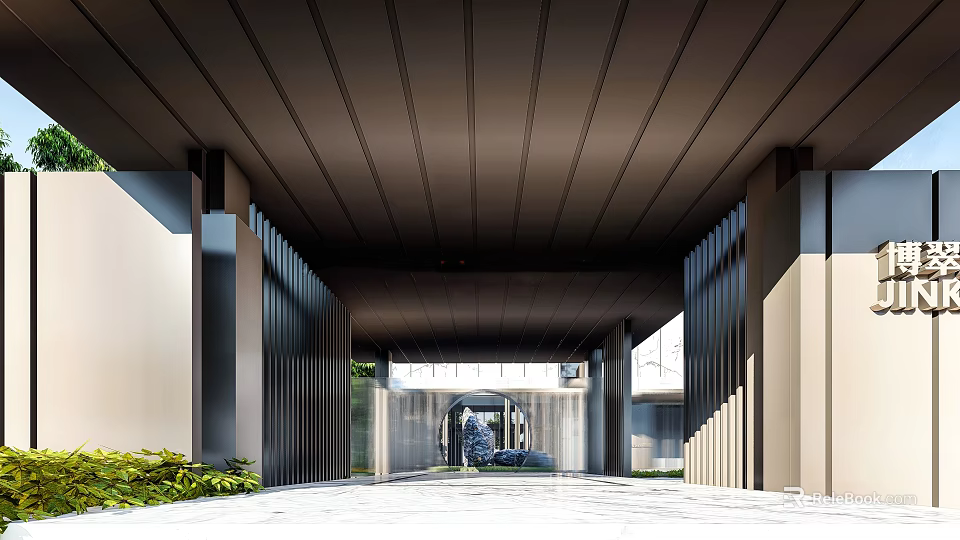 Modern Entrance Hall With Vertical Metal Slats Ceiling Lighting And Marble Floor 3d model 