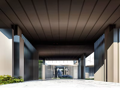 Modern Entrance Hall With Vertical Metal Slats Ceiling Lighting And Marble Floor 3d model