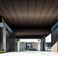 Modern Entrance Hall With Vertical Metal Slats Ceiling Lighting And Marble Floor