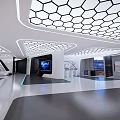 Hi Tech Exhibition Hall Interior With Hexagonal Ceiling And Large Screen 3d model