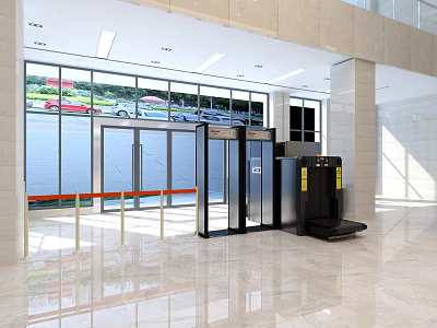Modern Public Facility Lobby Featuring Automatic Doors Security Check Equipment Large Windows And Marble Floor 3d model