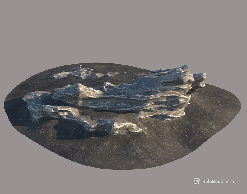 Organic Stacked Stone and Rustic Wooden Features on Dark Terrain Surface 3d model 