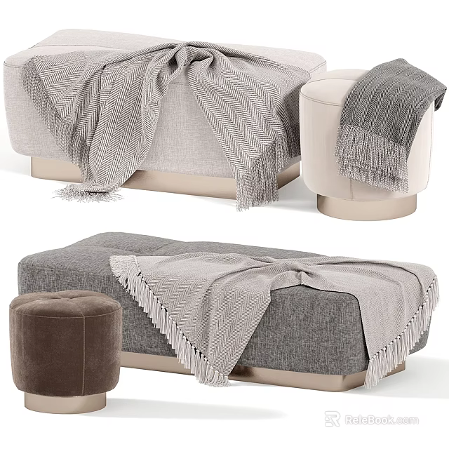 Cozy Soft Sofa Bench With Fringed Gray Beige Brown Blanket And Matching Ottoman 3d model 