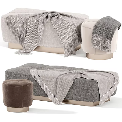 Cozy Soft Sofa Bench With Fringed Gray Beige Brown Blanket And Matching Ottoman 3d model