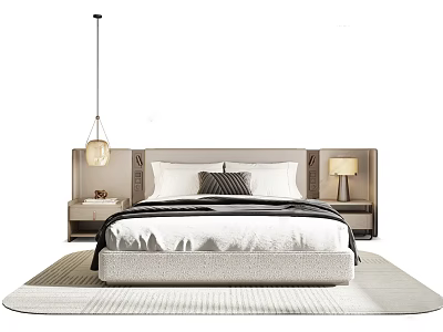 Modern Double Bed Design With Bedside Tables Table Lamps Pendant Light and Rug 3d model