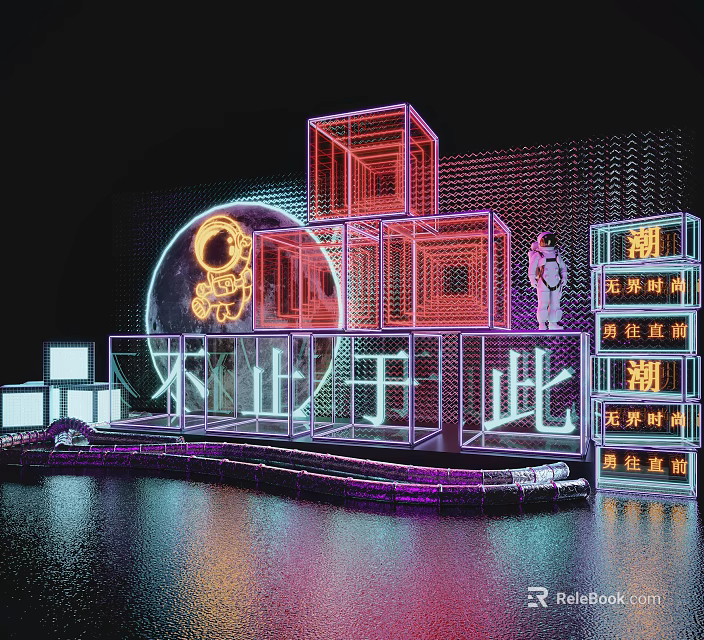 Vibrant Neon Light Installation With Glowing Cubes Astronaut Figure And Beyond This Text 3d model 