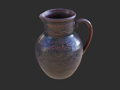 Carved Brown Ceramic Jug With Handle And Intricate Floral Patterns 3d model