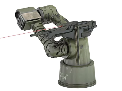 Green Military Robotic Arm Mounted Weapon System With Laser Targeting Automated Base 3d model