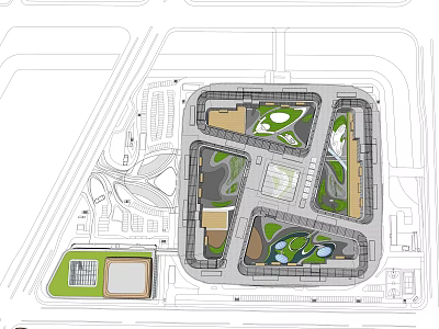 Office Building Master Plan with Landscaped Gardens Central Courtyards and Road Connections 3d model