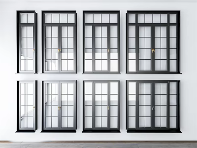 Stylish Black Framed Glass Windows Arranged On White Wall With Multiple Panels 3d model