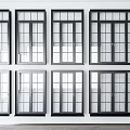 Stylish Black Framed Glass Windows Arranged On White Wall With Multiple Panels 3d model
