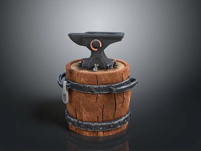 Black Iron Anvil Placed On Wooden Barrel With Metal Hoops For Blacksmith Work 3d model