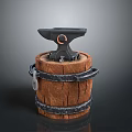 Black Iron Anvil Placed On Wooden Barrel With Metal Hoops For Blacksmith Work