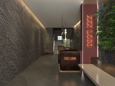 Store Front Desk With Branded Logo Gray Stone Wall Red Pillar And Green Plants 3d model